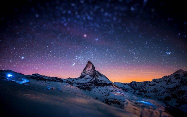 stars, Sky, Mountains, Snowy peak, Clouds, Sunset, Sunrise, Matterhorn, Toblerone HD Wallpaper Desktop Background