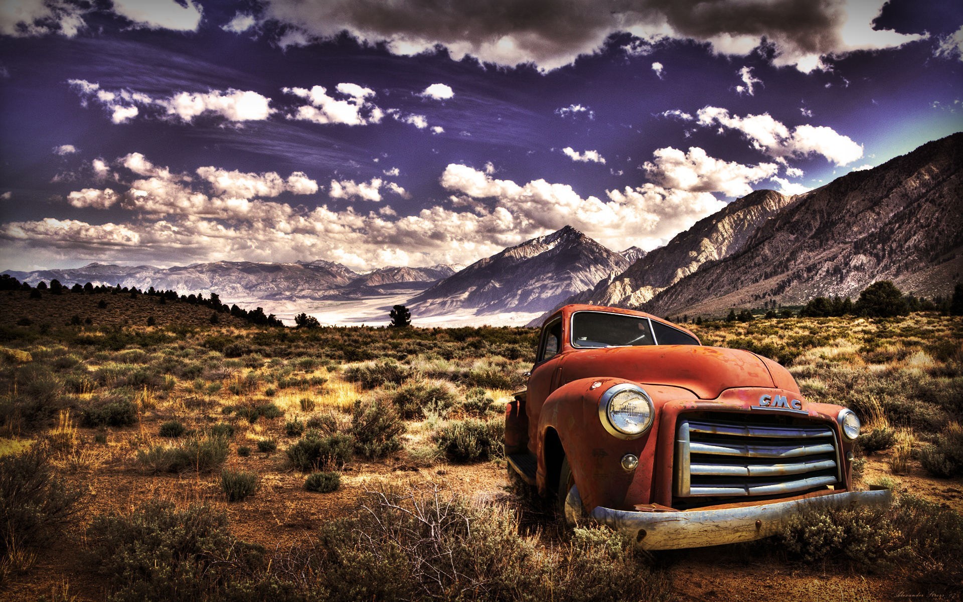 landscape, Nature, HDR, Mountains, Sky, Car, Vehicle, Clouds, Old car Wallpaper