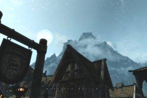 The Elder Scrolls V: Skyrim, Mountains, Landscape, Villages, Clouds, Sky, Winter, Snow, Moon, Trees, Forest, Video games, Screen shot