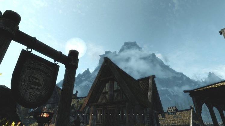 The Elder Scrolls V: Skyrim, Mountains, Landscape, Villages, Clouds, Sky, Winter, Snow, Moon, Trees, Forest, Video games, Screen shot HD Wallpaper Desktop Background