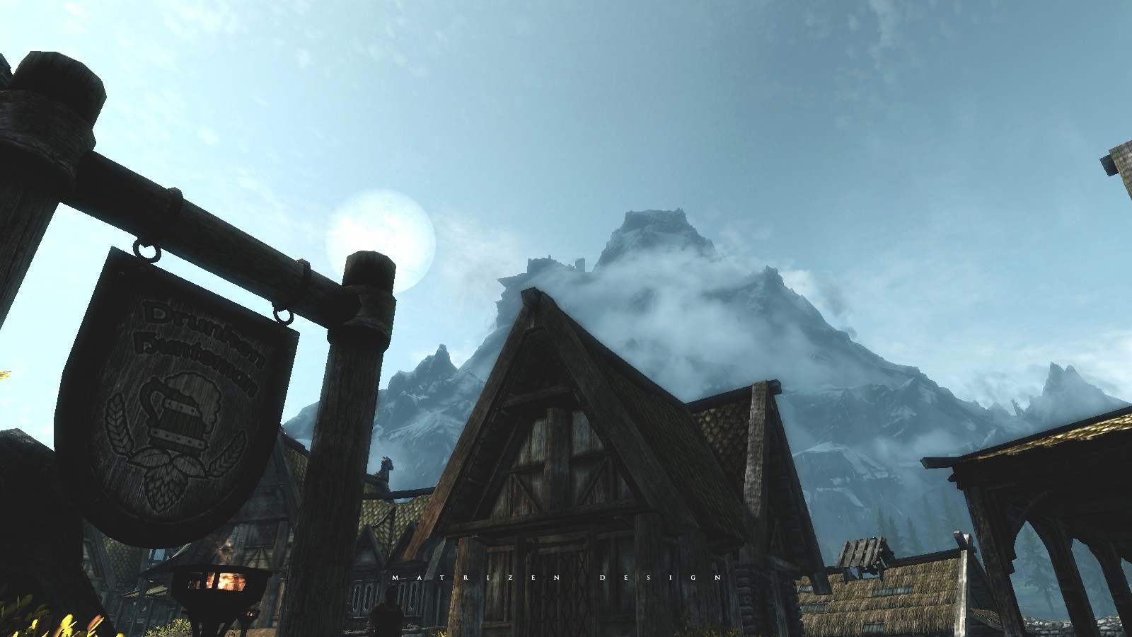 The Elder Scrolls V: Skyrim, Mountains, Landscape, Villages, Clouds, Sky, Winter, Snow, Moon, Trees, Forest, Video games, Screen shot Wallpaper