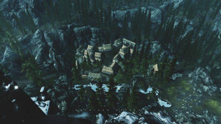 The Elder Scrolls V: Skyrim, Mountains, Landscape, Villages, Clouds, Sky, Winter, Snow, Moon, Trees, Forest, Video games, Screen shot HD Wallpaper Desktop Background