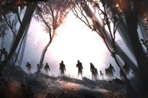 fantasy art, Zombies, Forest, Trees, Mist