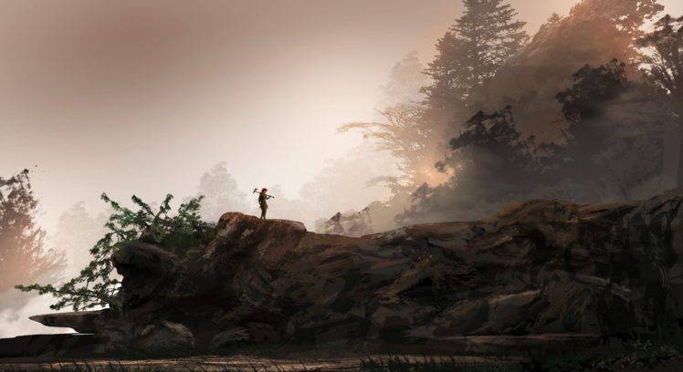 hero, Loneliness, Warrior, Fantasy art, Trees, Mist, Nature, Rock, Forest HD Wallpaper Desktop Background