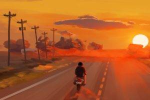 sunset, Road, Illustration