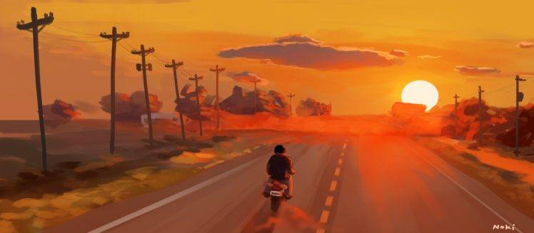 sunset, Road, Illustration HD Wallpaper Desktop Background
