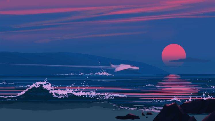 water, Illustration, Sunset, Mountains HD Wallpaper Desktop Background