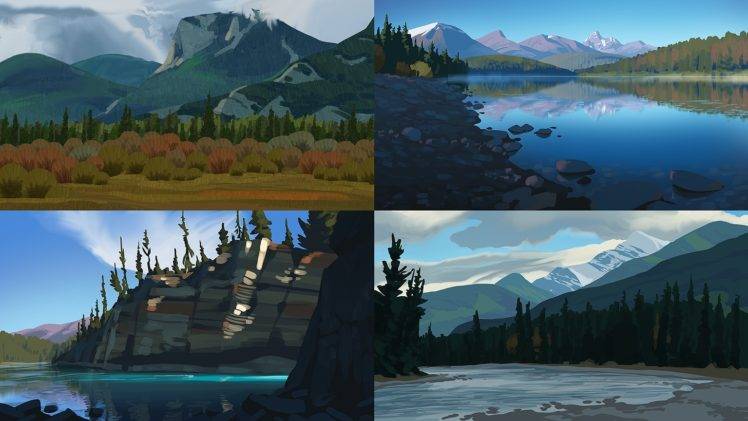 forest, Landscape, Illustration, Mountains, Collage HD Wallpaper Desktop Background