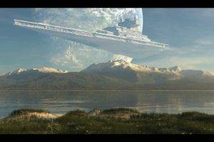 stars, Space, Planet, Mountains, Snowy peak, Clouds, Star Destroyer