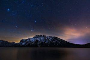 stars, Space, Planet, Mountains, Snowy peak, Clouds