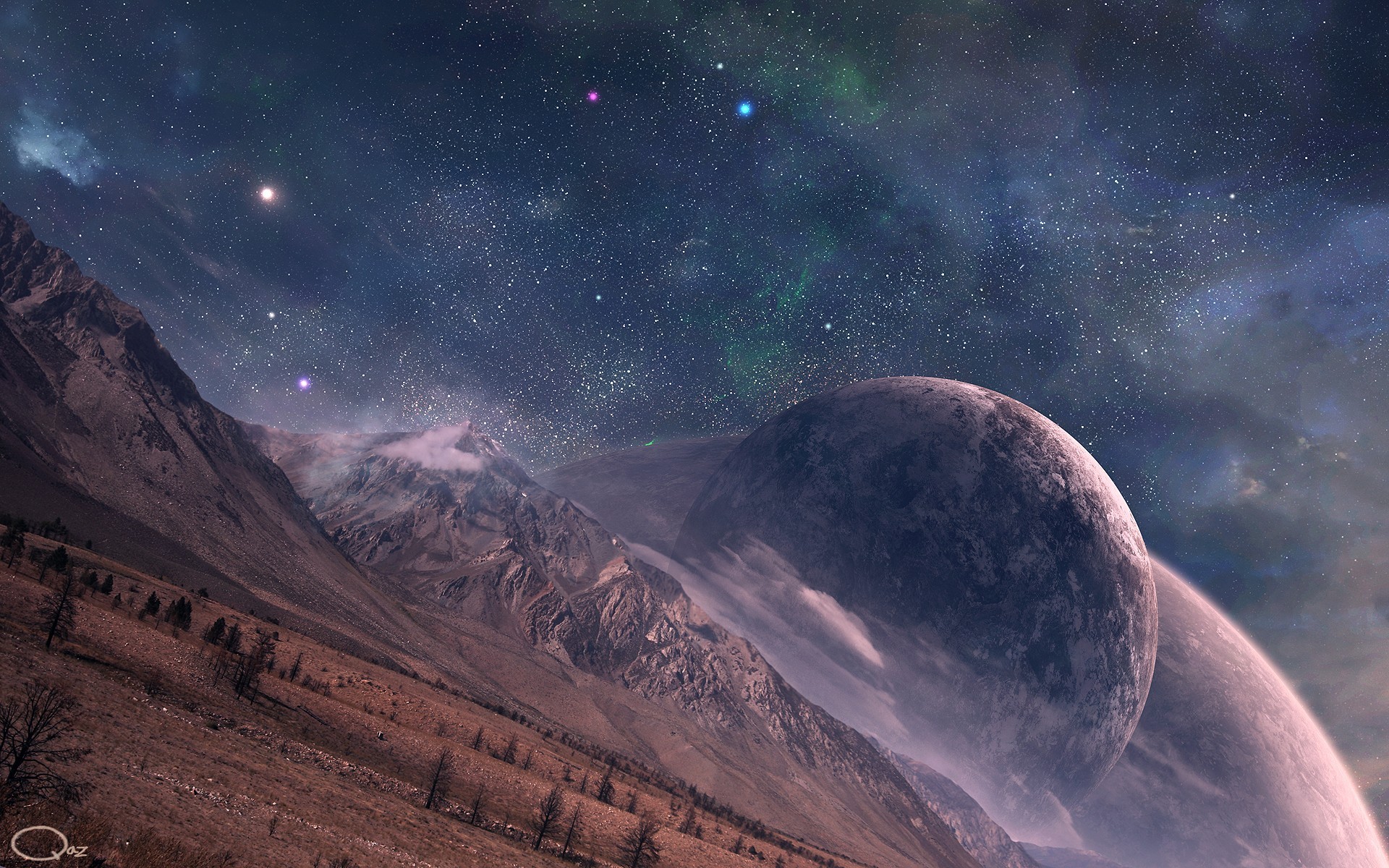 stars, Space, Planet, Mountains, Snowy peak, Clouds Wallpaper