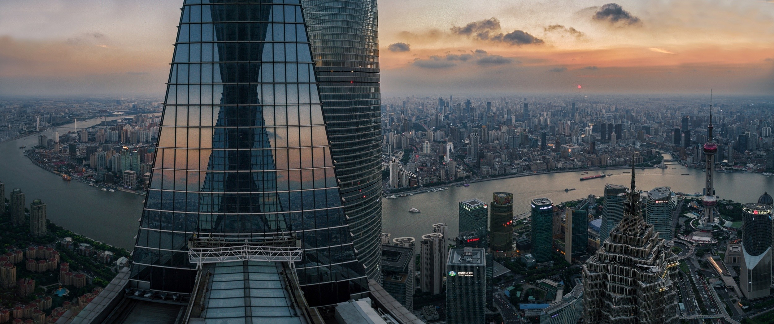 photography, Nature, Landscape, Cityscape, Panorama, Sunset, Skyscraper, Steel, Glass, Building, River, Aerial view, Architecture, Metropolis, Modern, Shanghai, China Wallpaper