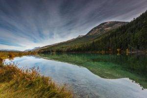 nature, Photography, Landscape, Lake, Calm waters, Reflection, Mountains, Forest, Fall, Dry grass, Alberta, Canada