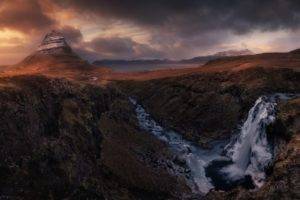 nature, Photography, Landscape, Mountains, Sunset, Waterfall, River, Clouds, Road, Snowy peak, Iceland