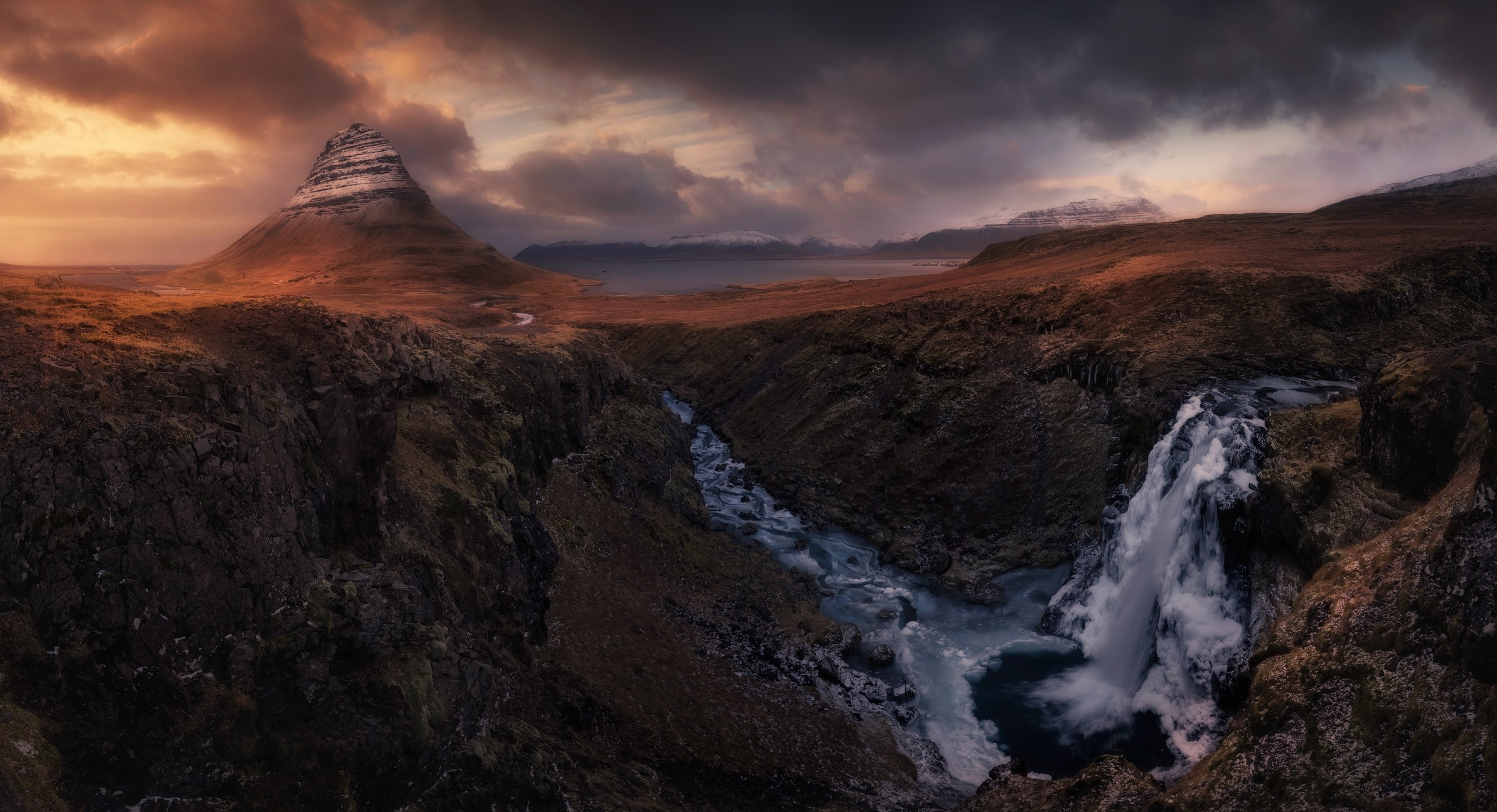 nature, Photography, Landscape, Mountains, Sunset, Waterfall, River, Clouds, Road, Snowy peak, Iceland Wallpaper