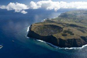 nature, Photography, Landscape, Island, Aerial view, Crater, Volcano, Cliff, Sea, Clouds, Easter Island, Rapa Nui, Chile