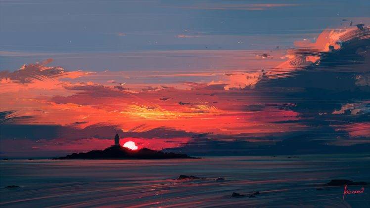 sunset, Water, Illustration, Aenami HD Wallpaper Desktop Background