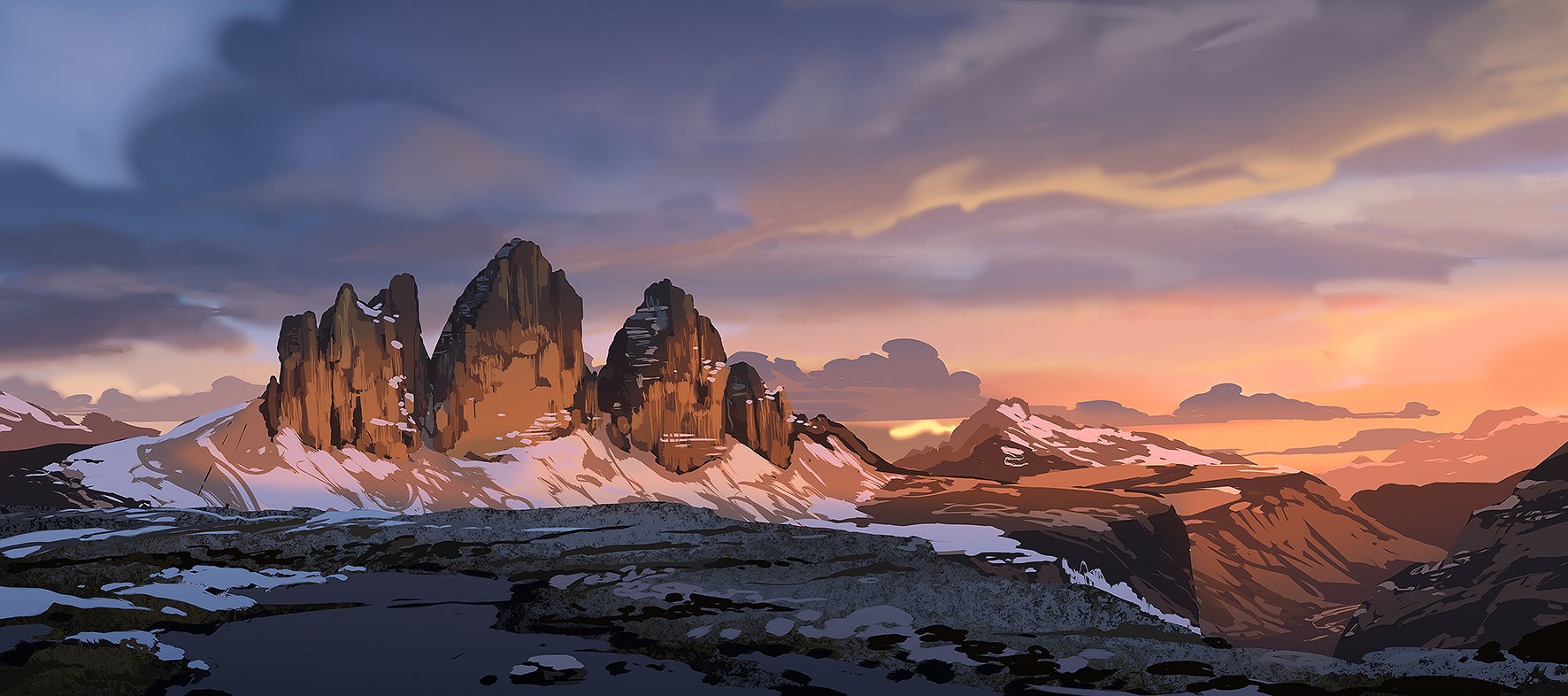 mountains, Snow, Sunset Wallpaper