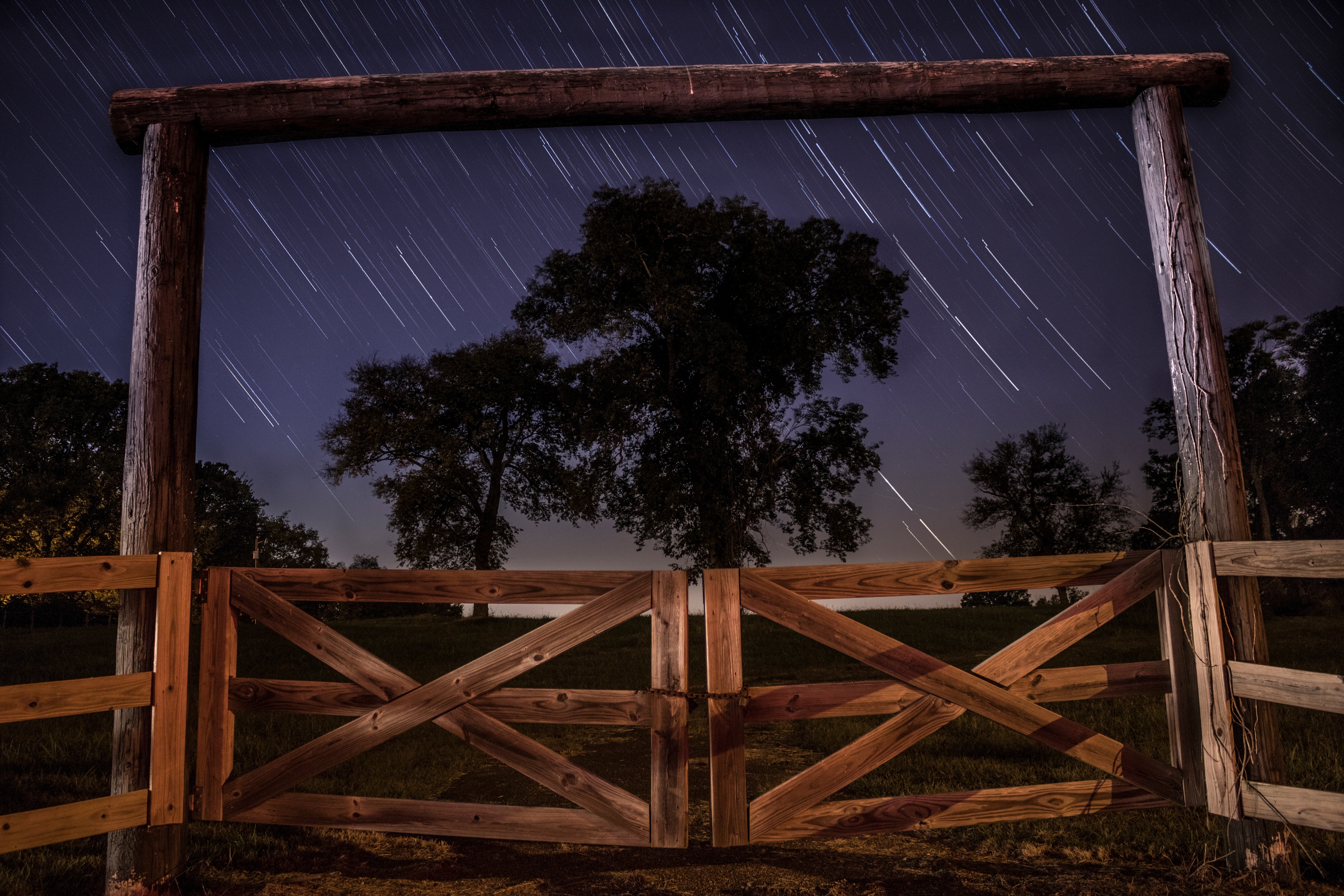 night, Night sky, Trees, Farm, Stars Wallpaper