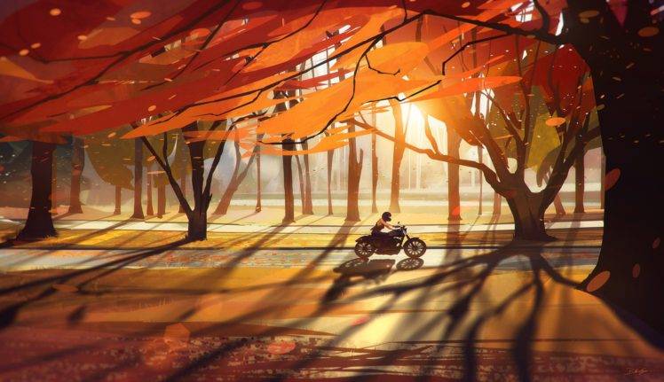 sunset, Road, Artwork, Fall, Motorcycle HD Wallpaper Desktop Background