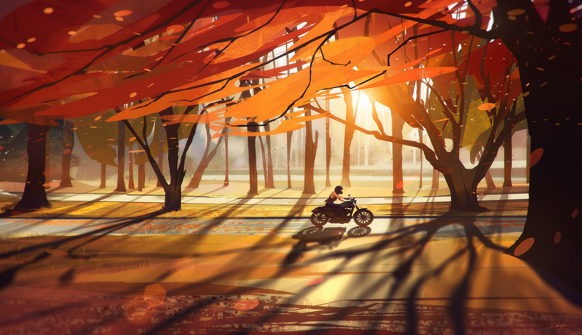 sunset, Road, Artwork, Fall, Motorcycle Wallpaper