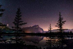 North America, Canada, Alberta, Banff National Park, Rundle, Sky, Stars, Night, Space, Landscape, Lake, Reflection