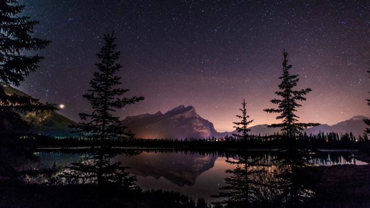 North America, Canada, Alberta, Banff National Park, Rundle, Sky, Stars, Night, Space, Landscape, Lake, Reflection HD Wallpaper Desktop Background