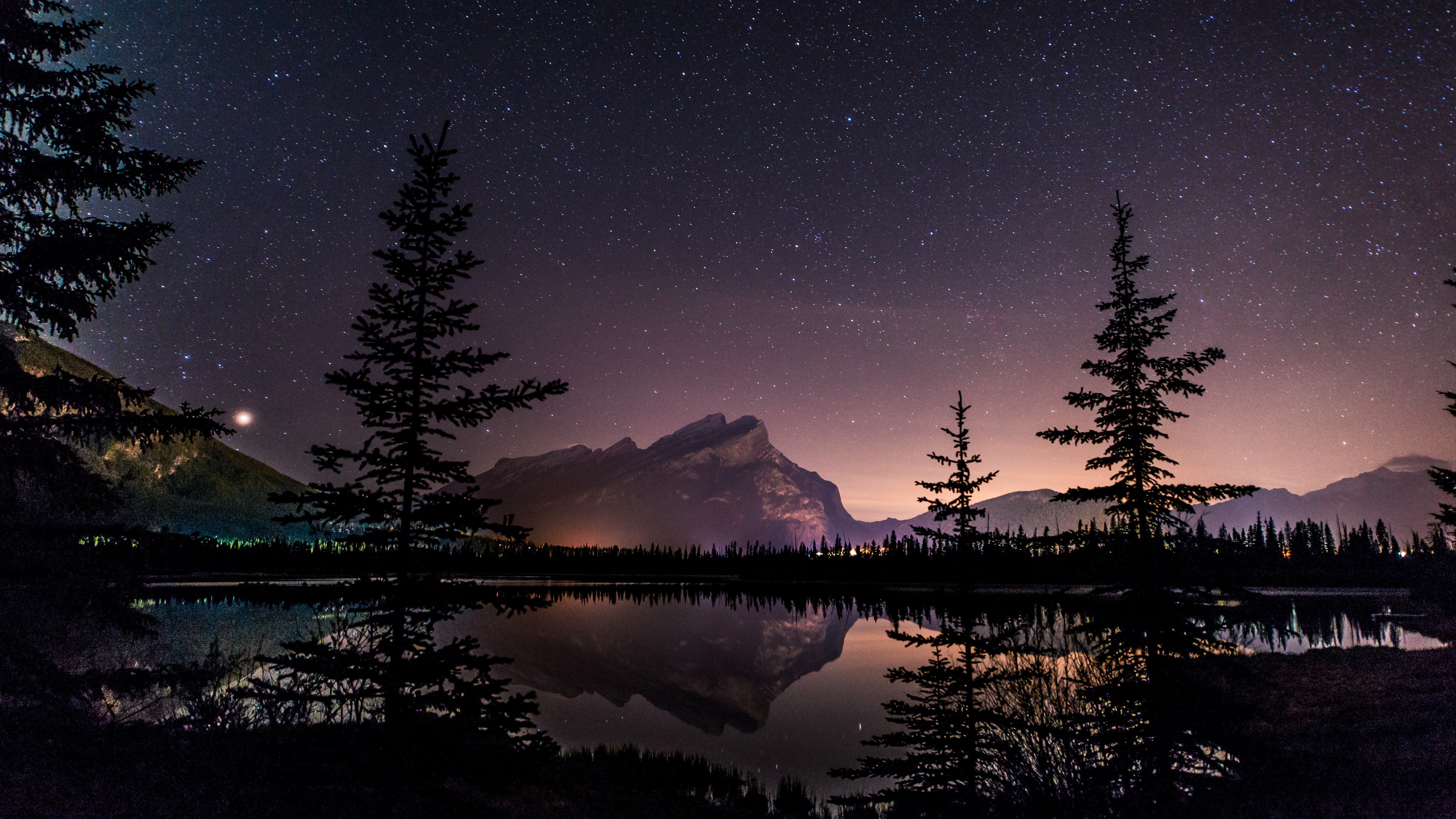 North America, Canada, Alberta, Banff National Park, Rundle, Sky, Stars, Night, Space, Landscape, Lake, Reflection Wallpaper