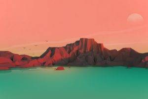 sunset, Digital art, Mountains, Low poly
