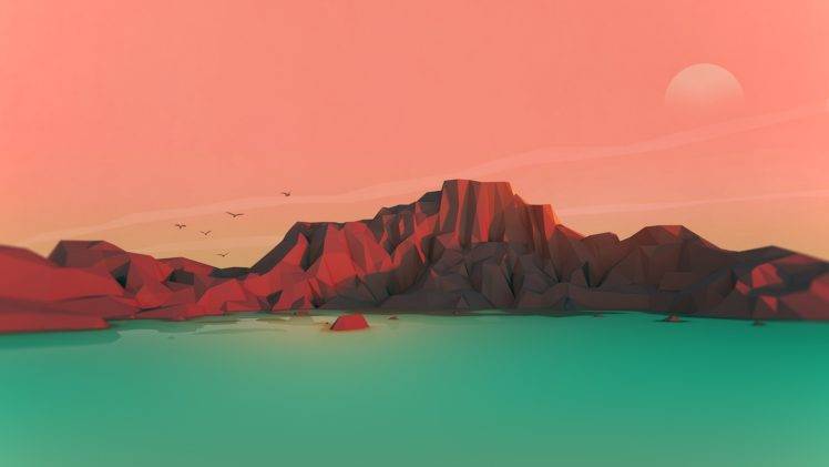 sunset, Digital art, Mountains, Low poly HD Wallpaper Desktop Background