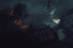 The Elder Scrolls V: Skyrim, Video games, Whiterun, Night sky, Moon, Clouds