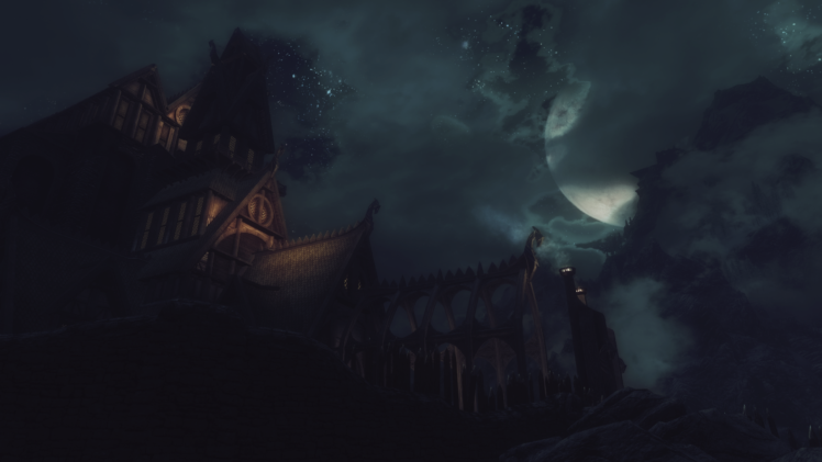 The Elder Scrolls V: Skyrim, Video games, Whiterun, Night sky, Moon, Clouds HD Wallpaper Desktop Background