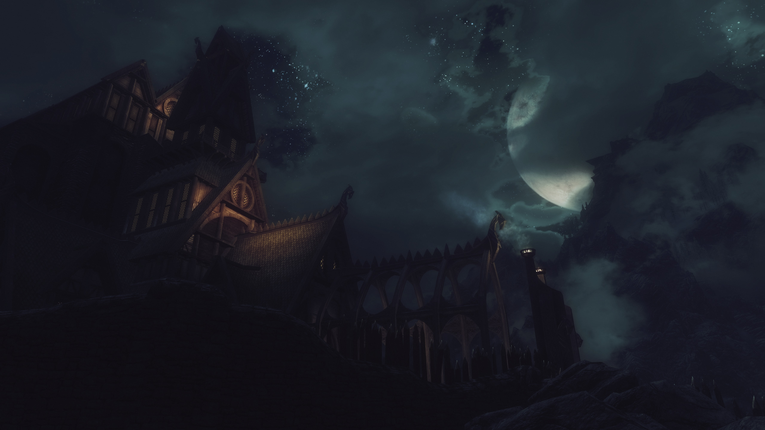 The Elder Scrolls V: Skyrim, Video games, Whiterun, Night sky, Moon, Clouds Wallpaper
