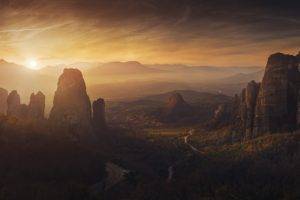 nature, Photography, Landscape, Panorama, Sunset, Monastery, Rocks, Mountains, Valley, Road, Sky, Mist, Meteora, Greece