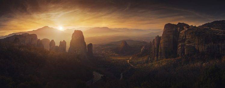 nature, Photography, Landscape, Panorama, Sunset, Monastery, Rocks, Mountains, Valley, Road, Sky, Mist, Meteora, Greece HD Wallpaper Desktop Background