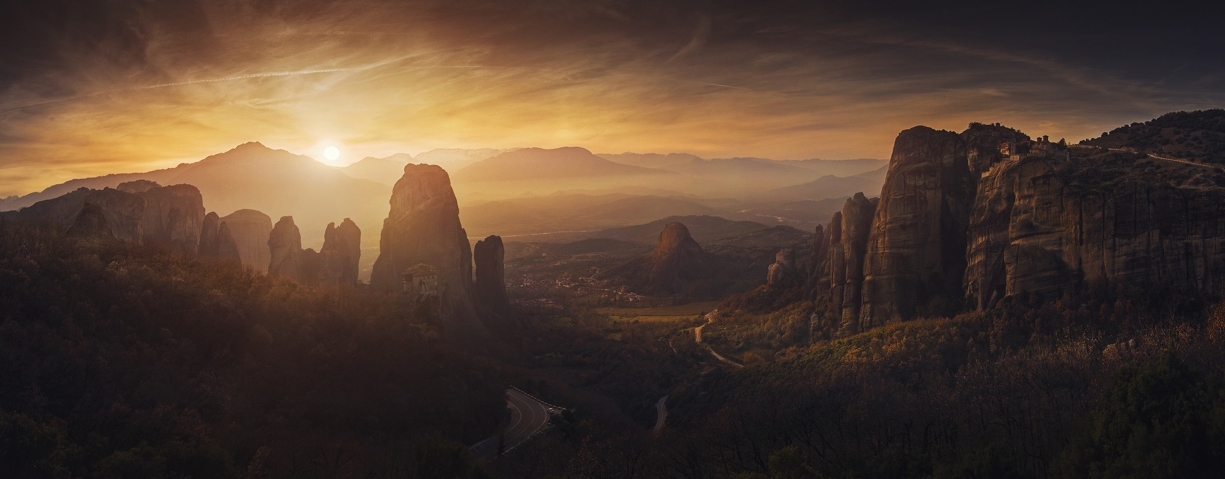 nature, Photography, Landscape, Panorama, Sunset, Monastery, Rocks, Mountains, Valley, Road, Sky, Mist, Meteora, Greece Wallpaper