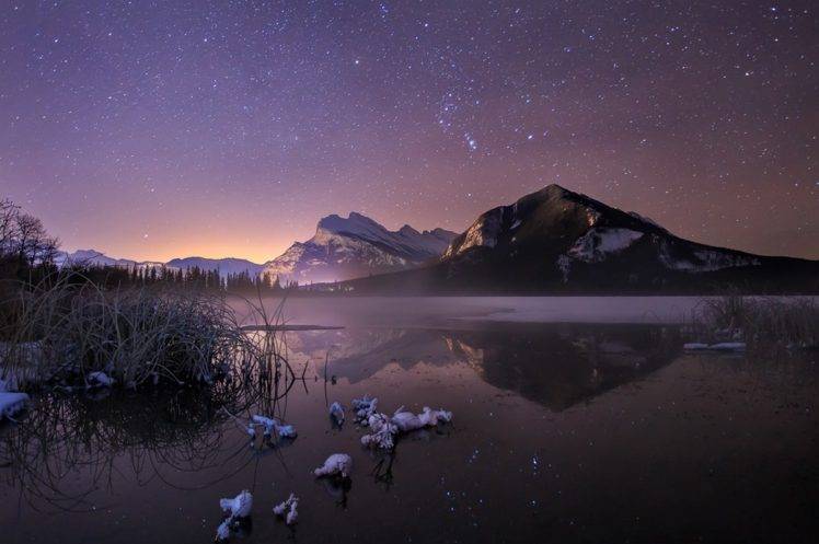 landscape, Nature, Photography, Lake, Mountains, Frost, Snow, Starry night, Reflection, Lights, Banff National Park, Canada HD Wallpaper Desktop Background