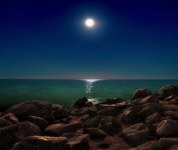 landscape, Nature, Photography, Rocks, Sea, Moon, Starry night, Moonlight, Coast, Calm HD Wallpaper Desktop Background