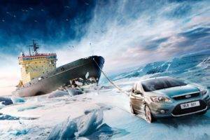 vehicle, Car, Ford, Ford focus, Ship, Iceberg, Ropes, Sea, Winter, Snow, Photo manipulation, Commercial, Icebreakers