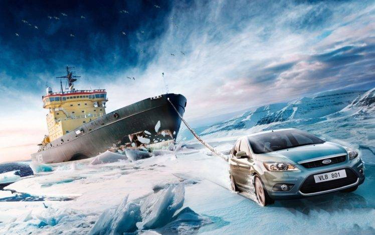 vehicle, Car, Ford, Ford focus, Ship, Iceberg, Ropes, Sea, Winter, Snow, Photo manipulation, Commercial, Icebreakers HD Wallpaper Desktop Background