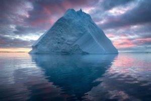 nature, Landscape, Winter, Iceberg, Sea, Clouds, Arctic, Sunset, Reflection, Snow