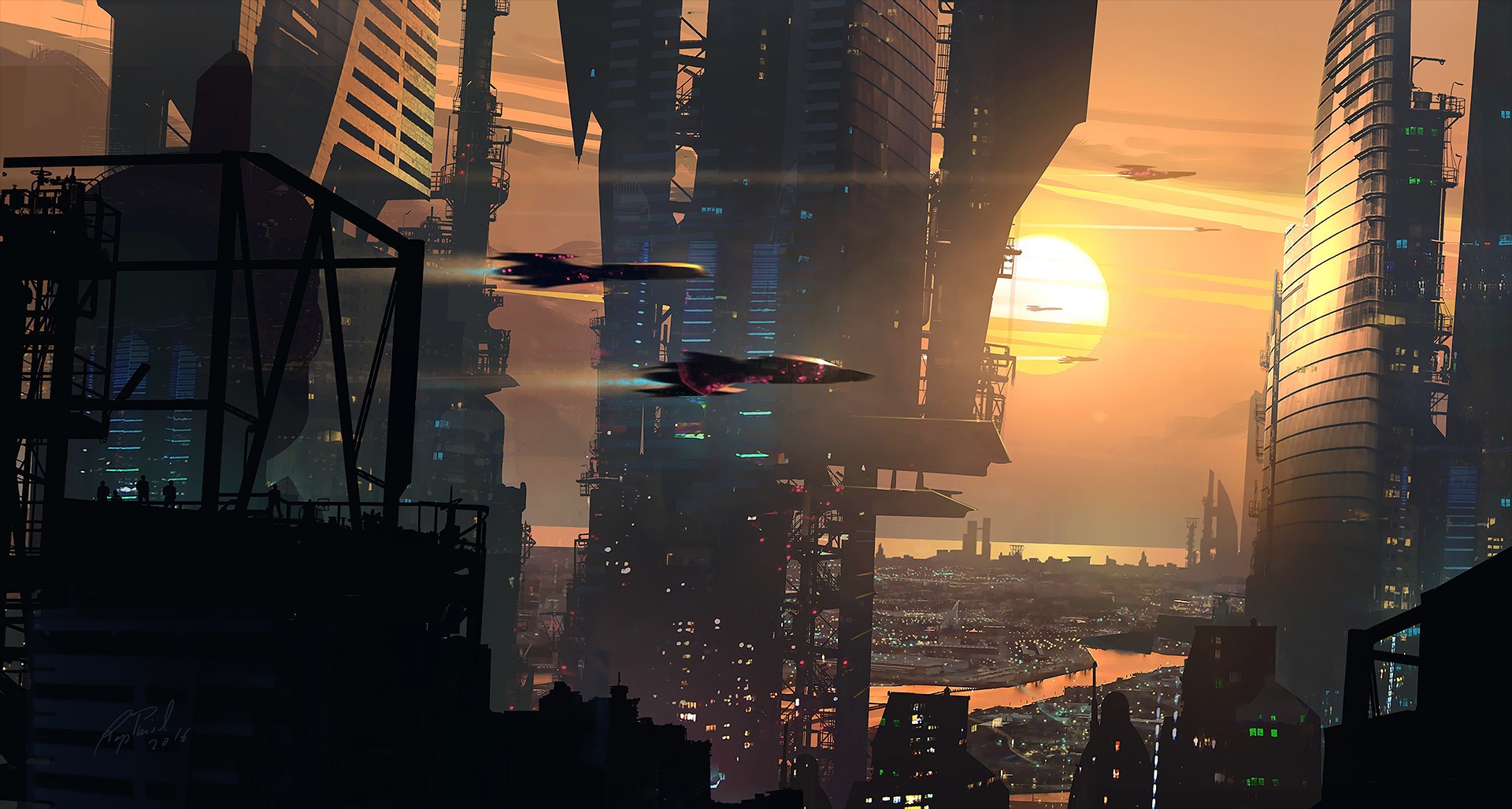 illustration, Sunset, Cityscape Wallpaper