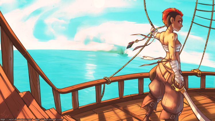 women, Cartoon, Pirates, Sea, Sailing ship, Ship, Sword HD Wallpaper Desktop Background