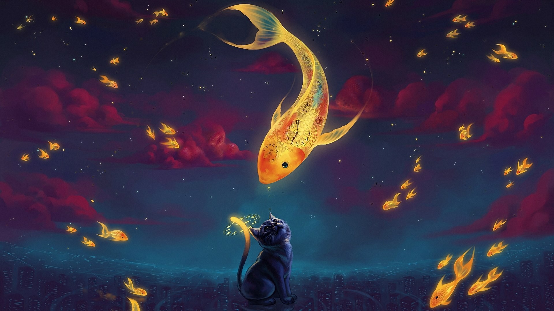 cartoon, Cat, Goldfish, Artwork, Clouds, Clocks Wallpapers HD / Desktop