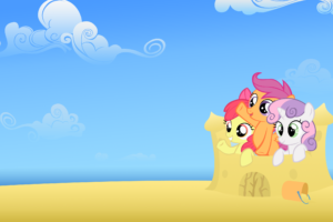 My Little Pony, Sweetie Belle, Scootaloo, Apple Bloom, Sky, Sand, Clouds, Blue, Yellow