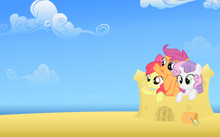 My Little Pony, Sweetie Belle, Scootaloo, Apple Bloom, Sky, Sand, Clouds, Blue, Yellow HD Wallpaper Desktop Background