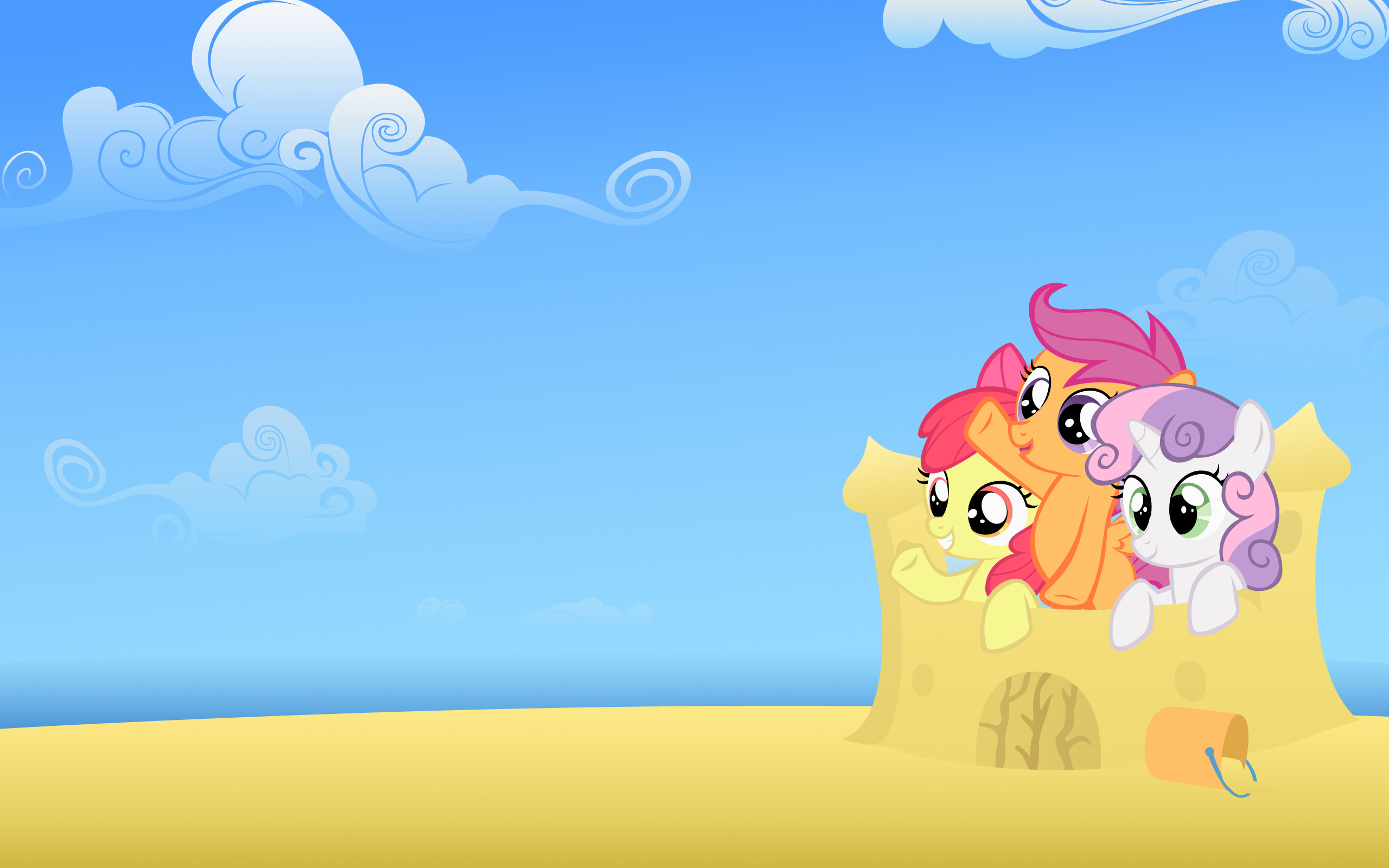 My Little Pony, Sweetie Belle, Scootaloo, Apple Bloom, Sky, Sand, Clouds, Blue, Yellow Wallpaper