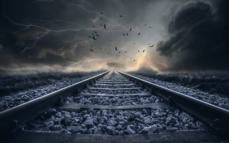 digital art, Railway, Sky, Birds, Clouds, Thunder, Storm, Landscape HD Wallpaper Desktop Background