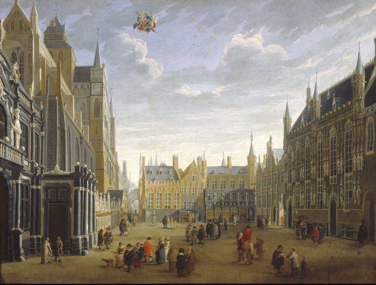 people, Jan Baptist van Meunincxhove, Artwork, Painting, Traditional art, Bruges, Belgium, Old building, Town square, Oil painting, Clouds HD Wallpaper Desktop Background