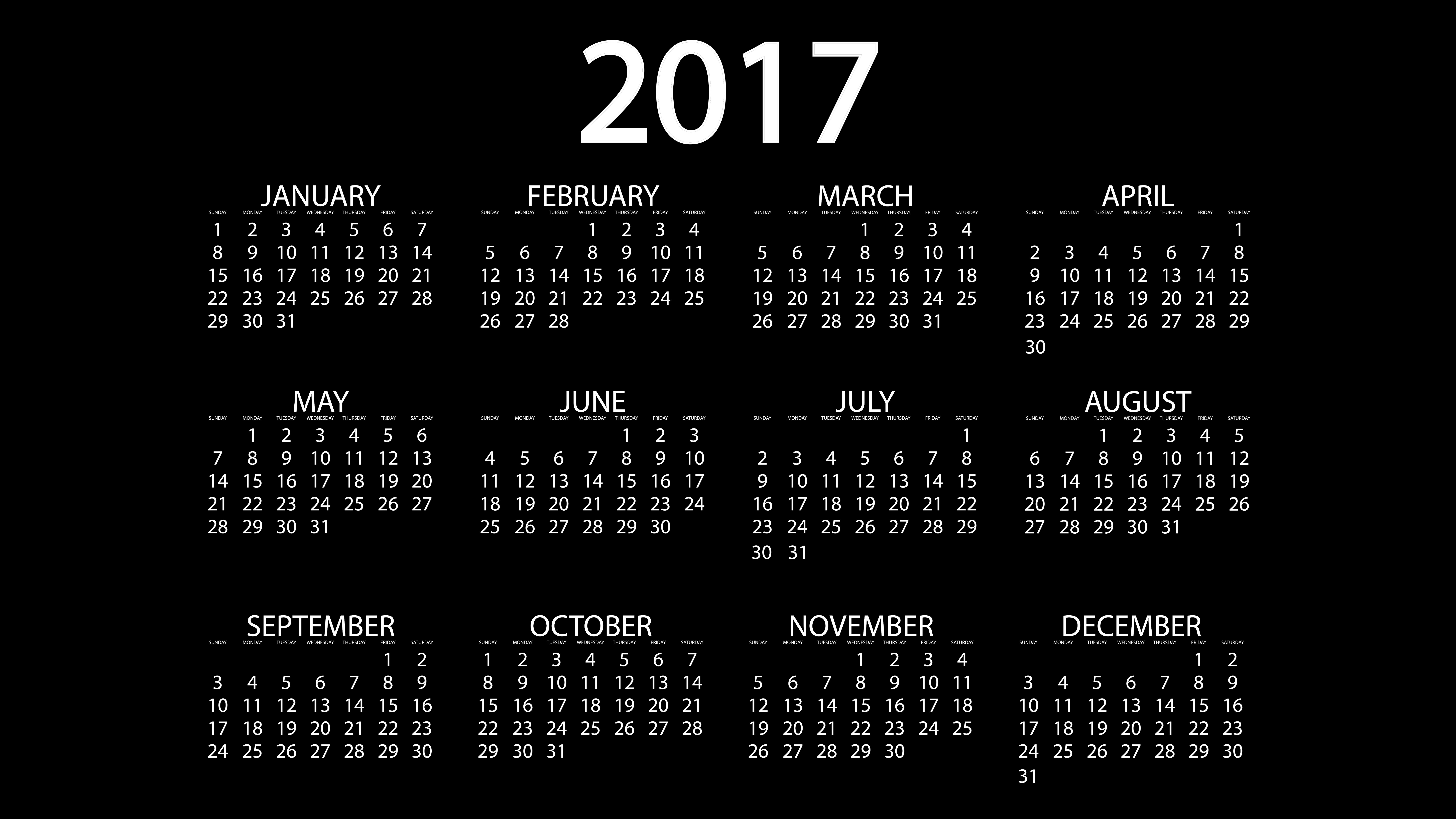black background, 2017 (Year), Month, Calendar, Simple Wallpaper